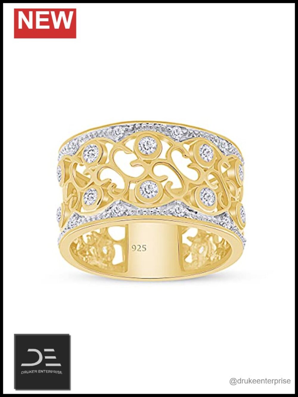 Floral Wide Wedding Band Ring 14k Yellow Gold Plated Sterling Silver CZ